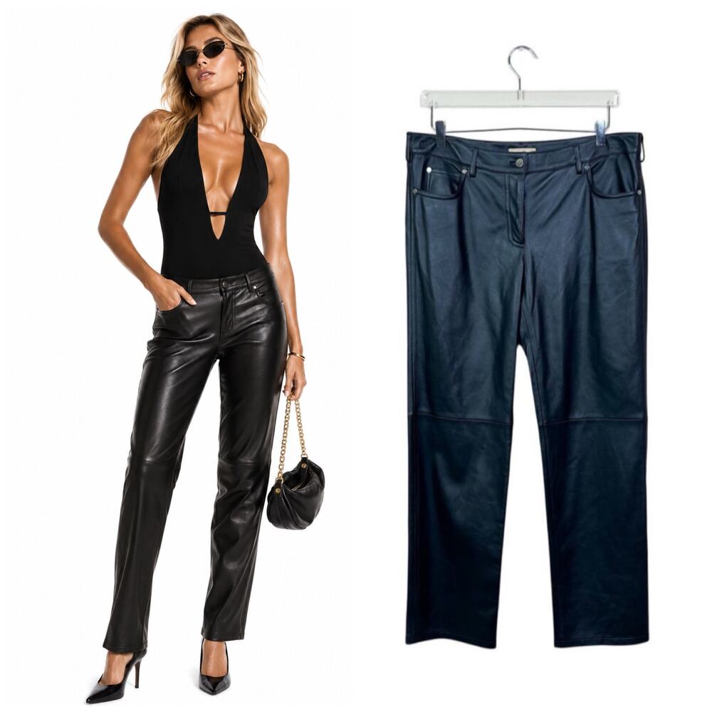Michael Kors Collection | Lamb Leather Black Straight High Rise Designer Pants